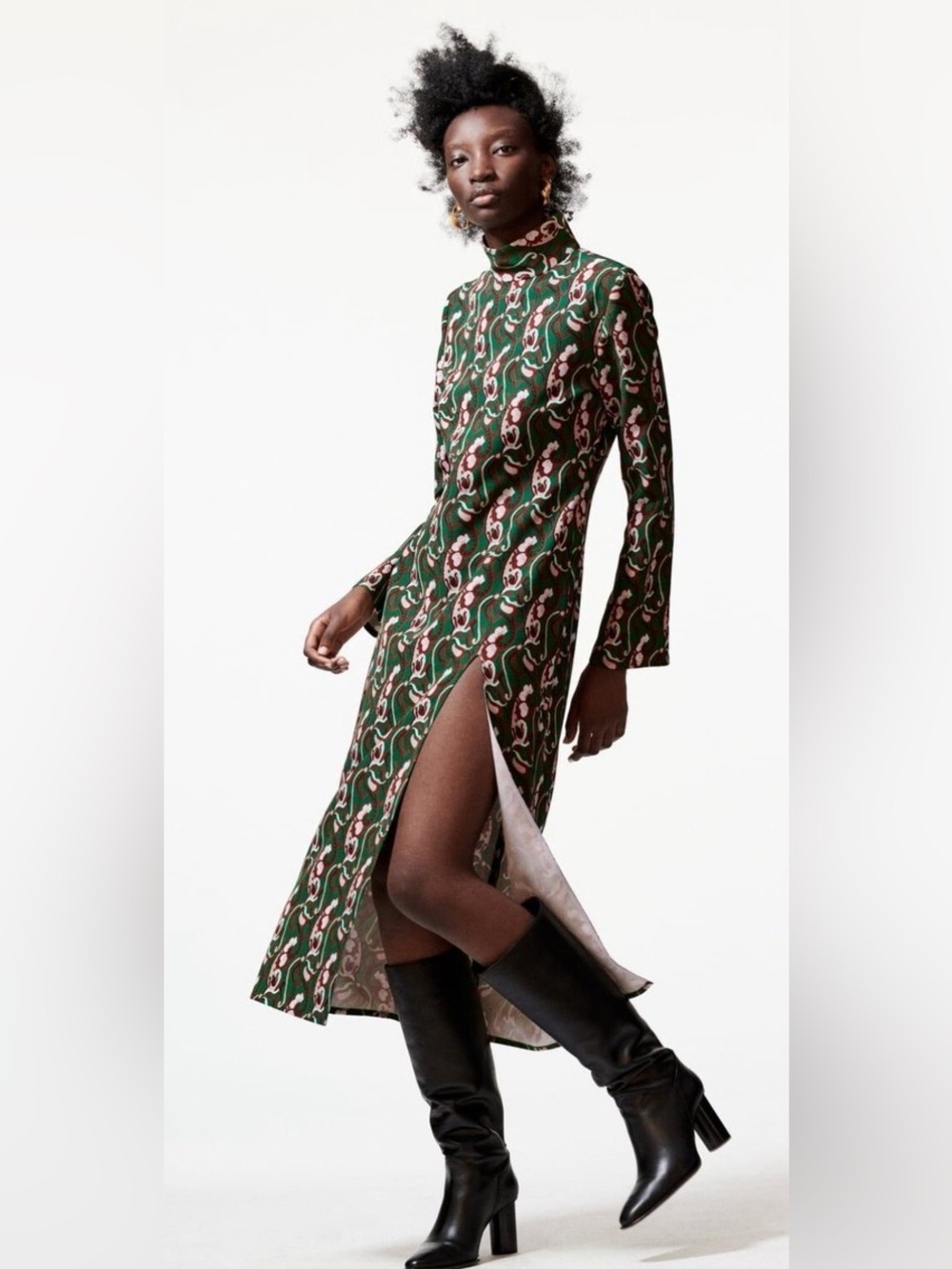 ZARA Retro Style Funky Abstract Pattern Long Sleeve Turtleneck Midi Dress XS